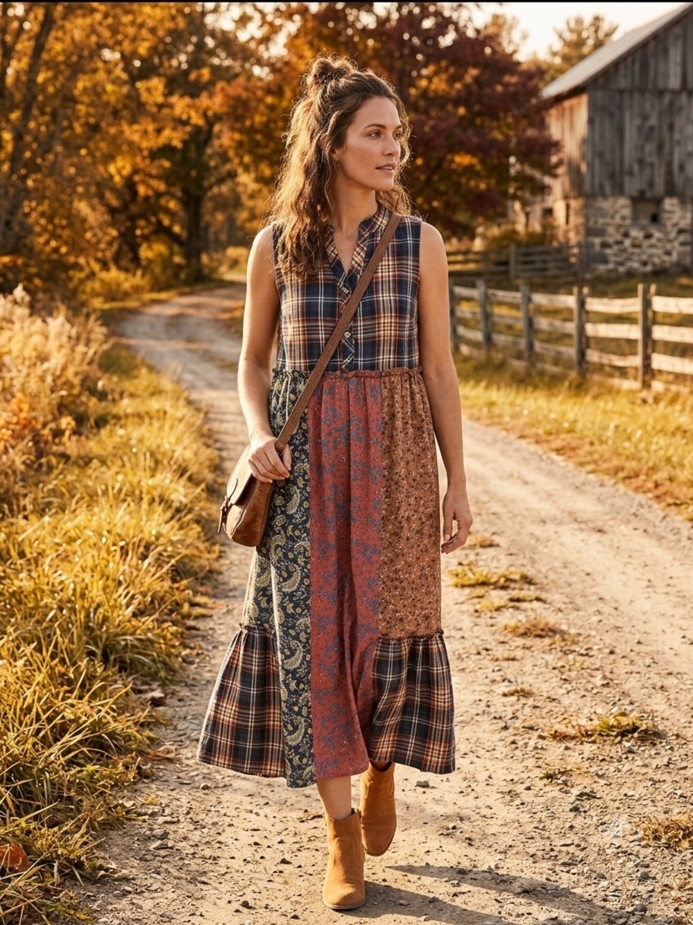 NATURAL LIFE Sleeveless Patchwork Maxi Dress in Rust, Navy, Brown